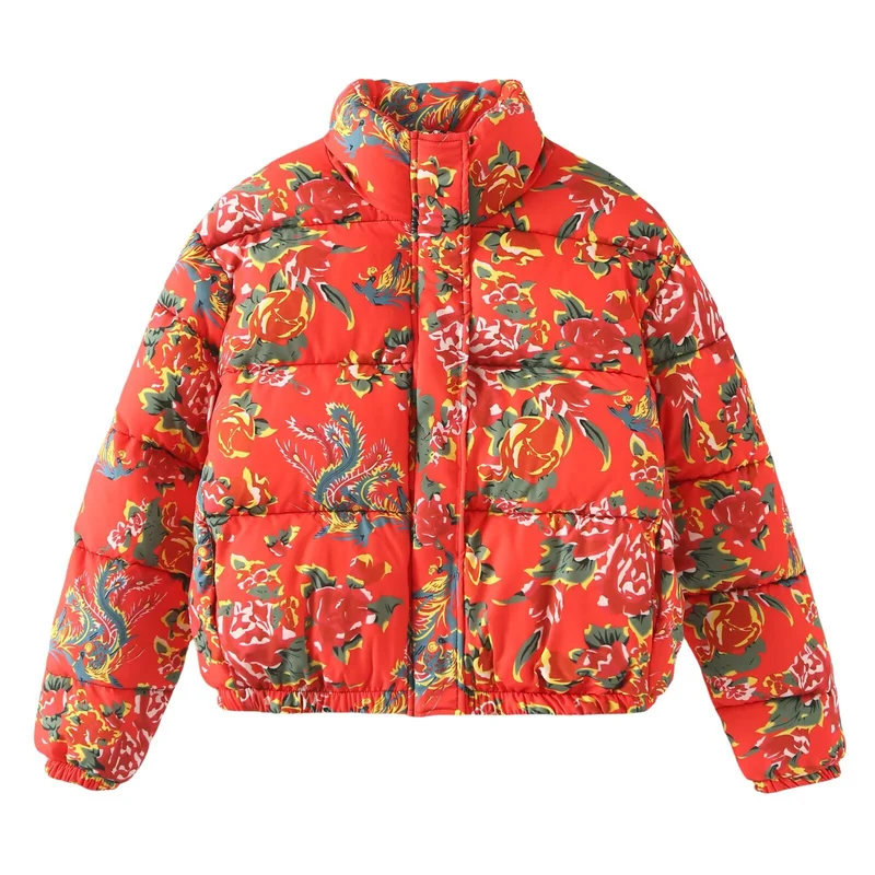 Damen Gesteppte Wattierte Kurzjacke mit floralem Alloverprint und Stehkragen Nord Taschen