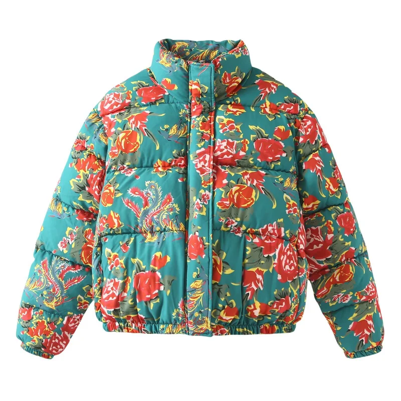 Damen Gesteppte Wattierte Kurzjacke mit floralem Alloverprint und Stehkragen Nord Taschen