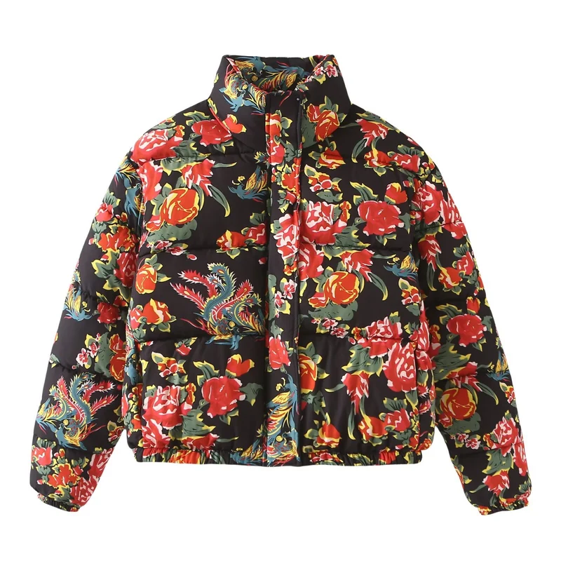 Damen Gesteppte Wattierte Kurzjacke mit floralem Alloverprint und Stehkragen Nord Taschen