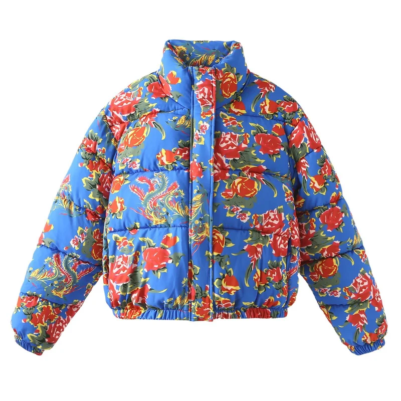 Damen Gesteppte Wattierte Kurzjacke mit floralem Alloverprint und Stehkragen Nord Taschen