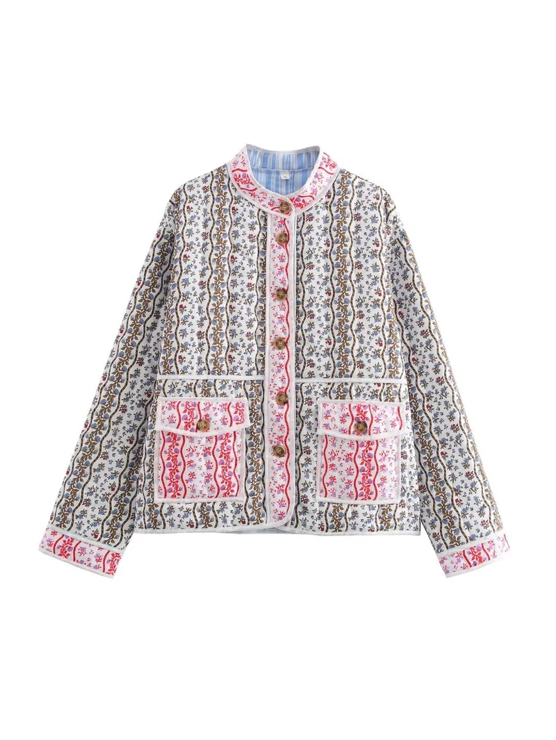 Damen gesteppte Kurzjacke mit Stehkragen, aufgesetzten Taschen und feinem Ethno‑Print Nord Taschen