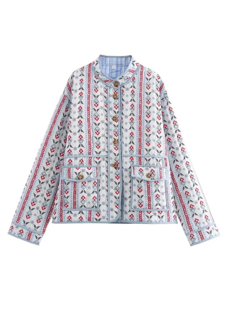 Damen gesteppte Kurzjacke mit Stehkragen, aufgesetzten Taschen und feinem Ethno‑Print Nord Taschen
