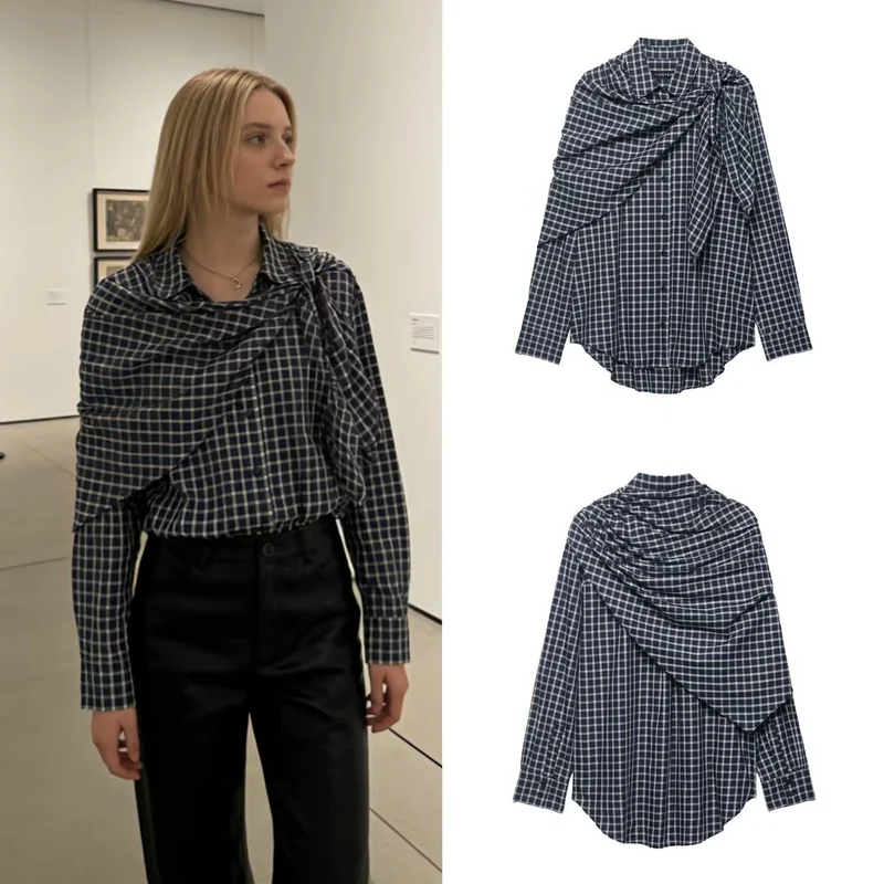 Damen Oversize Hemdbluse mit integriertem Schultertuch und Vichy-Karo Nord Taschen