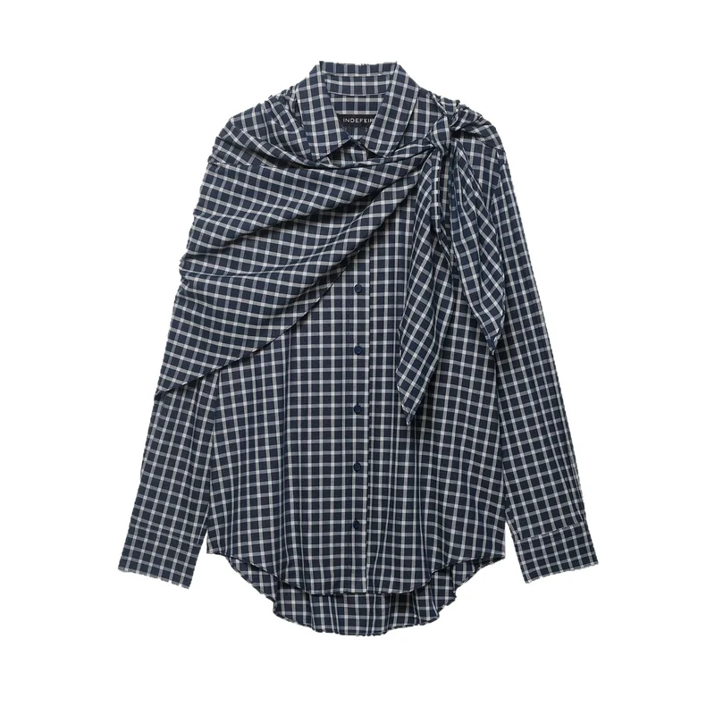Damen Oversize Hemdbluse mit integriertem Schultertuch und Vichy-Karo Nord Taschen