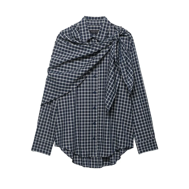 Damen Oversize Hemdbluse mit integriertem Schultertuch und Vichy-Karo Nord Taschen