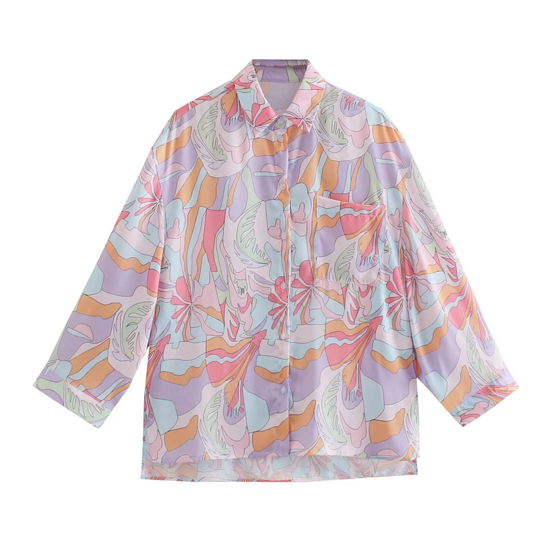 Damen Oversize-Hemdbluse mit abstraktem Allover-Print, leichtes Chiffon-Top, langärmelig Nord Taschen