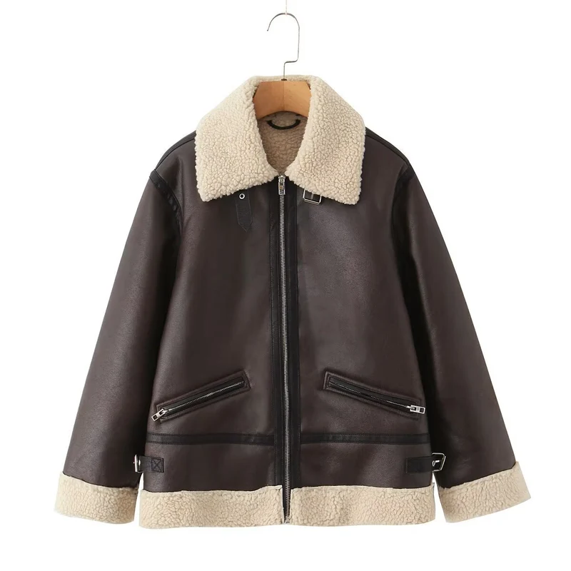 Damen Oversize-Fliegerjacke aus Kunstleder mit Teddykragen und Zipper-Taschen Nord Taschen