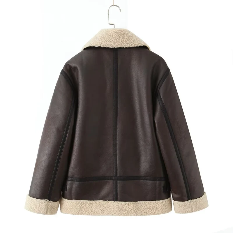 Damen Oversize-Fliegerjacke aus Kunstleder mit Teddykragen und Zipper-Taschen Nord Taschen