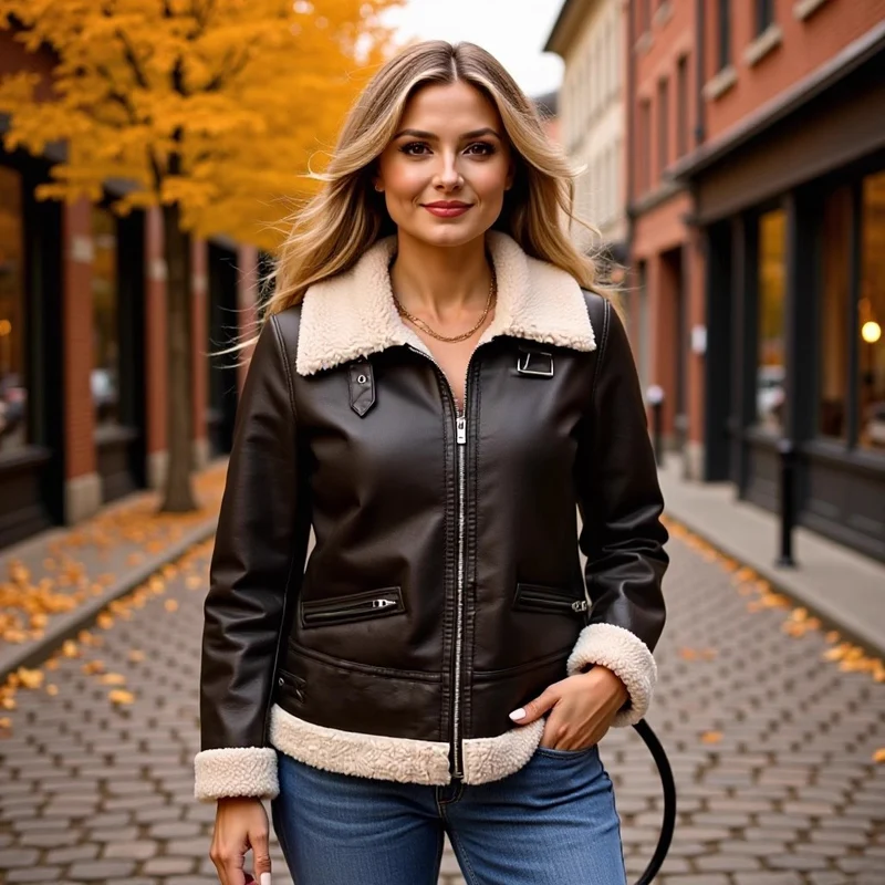 Damen Oversize-Fliegerjacke aus Kunstleder mit Teddykragen und Zipper-Taschen Nord Taschen
