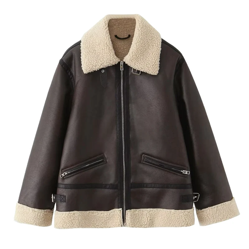 Damen Oversize-Fliegerjacke aus Kunstleder mit Teddykragen und Zipper-Taschen Nord Taschen