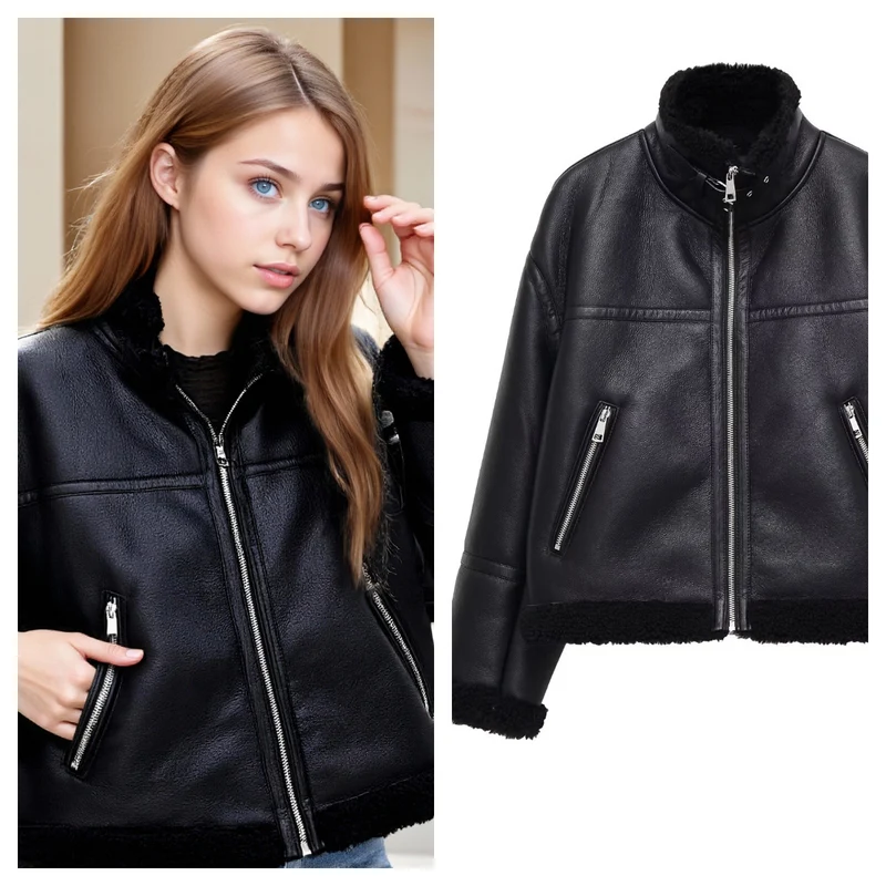 Damen Oversize-Fliegerjacke aus Kunstleder mit Teddyfutter und Stehkragen Nord Taschen
