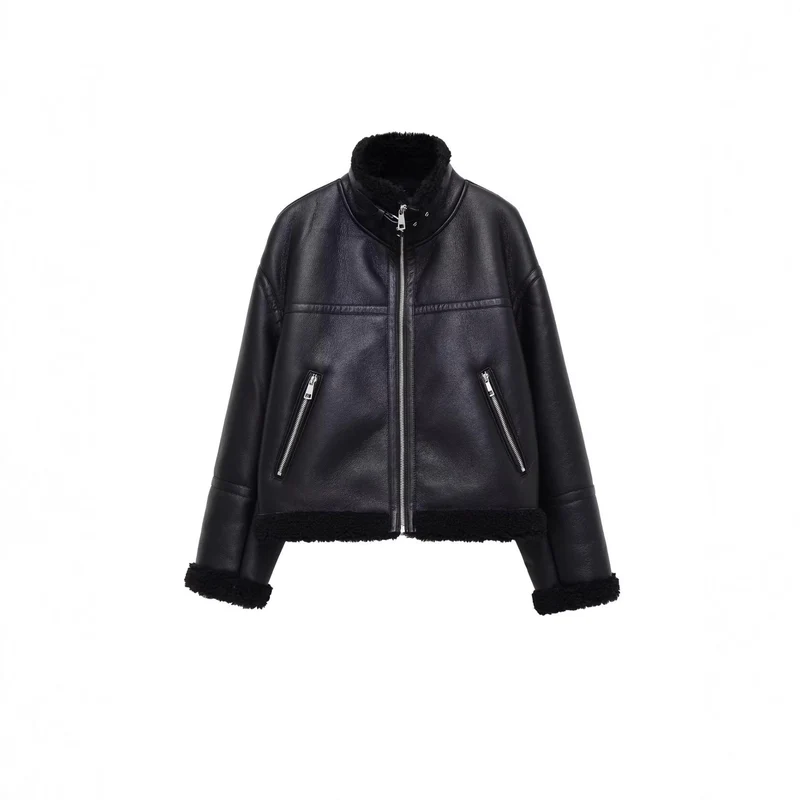 Damen Oversize-Fliegerjacke aus Kunstleder mit Teddyfutter und Stehkragen Nord Taschen