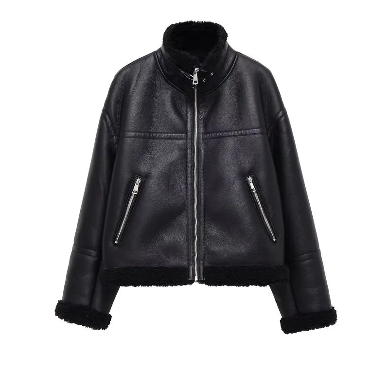 Damen Oversize-Fliegerjacke aus Kunstleder mit Teddyfutter und Stehkragen Nord Taschen