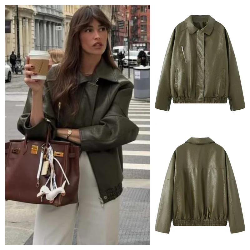 Damen Oversize Fauxleder-Blouson mit elastischem Saum, schräge Zipper-Brusttasche und Reißverschlussärmeln Nord Taschen