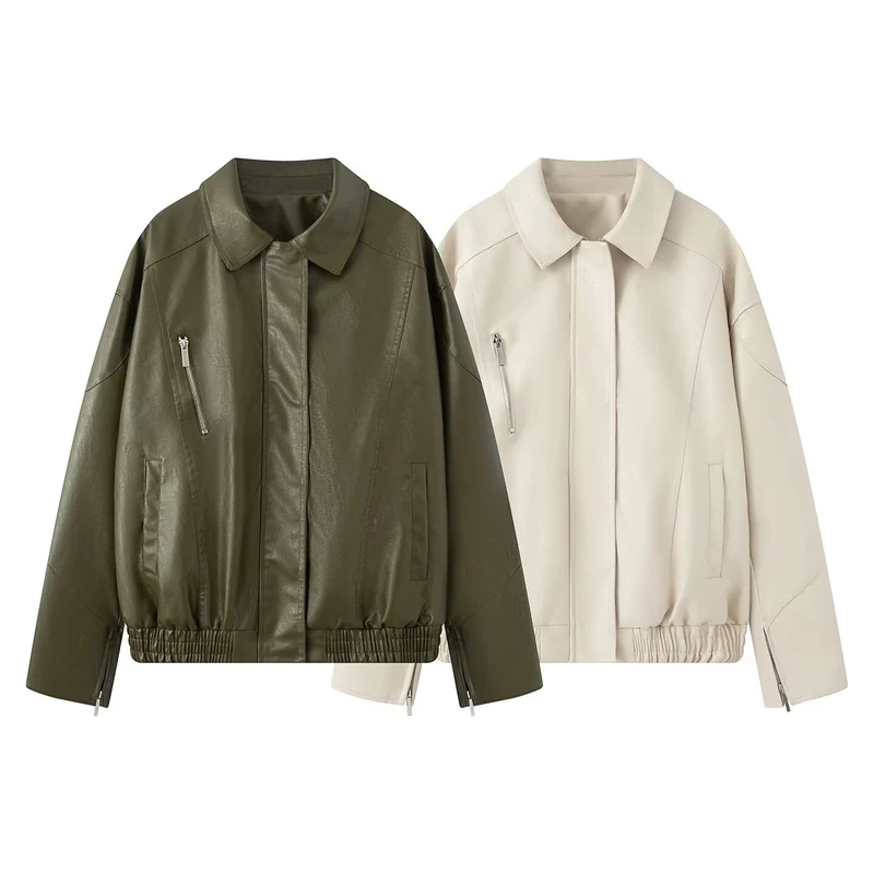 Damen Oversize Fauxleder-Blouson mit elastischem Saum, schräge Zipper-Brusttasche und Reißverschlussärmeln Nord Taschen