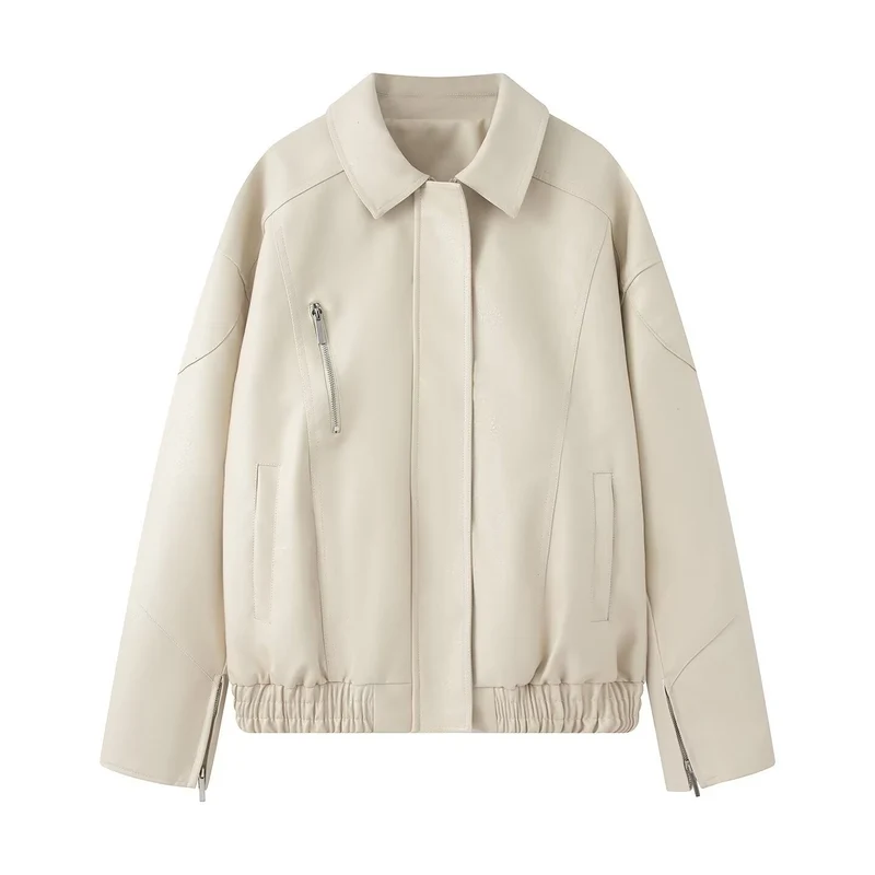 Damen Oversize Fauxleder-Blouson mit elastischem Saum, schräge Zipper-Brusttasche und Reißverschlussärmeln Nord Taschen