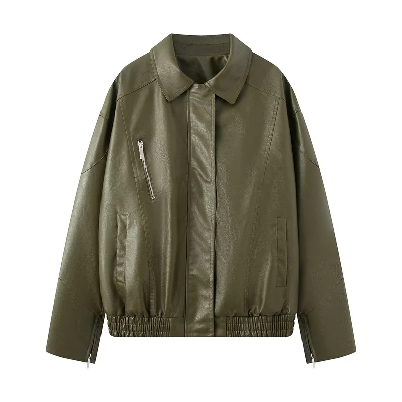 Damen Oversize Fauxleder-Blouson mit elastischem Saum, schräge Zipper-Brusttasche und Reißverschlussärmeln Nord Taschen