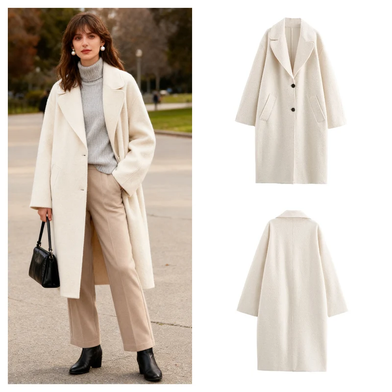 Damen Oversize Einreihiger Walkmantel mit breitem Revers und aufgesetzten Taschen Nord Taschen