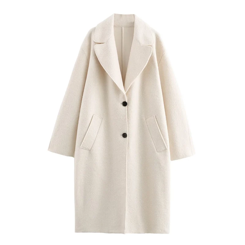 Damen Oversize Einreihiger Walkmantel mit breitem Revers und aufgesetzten Taschen Nord Taschen