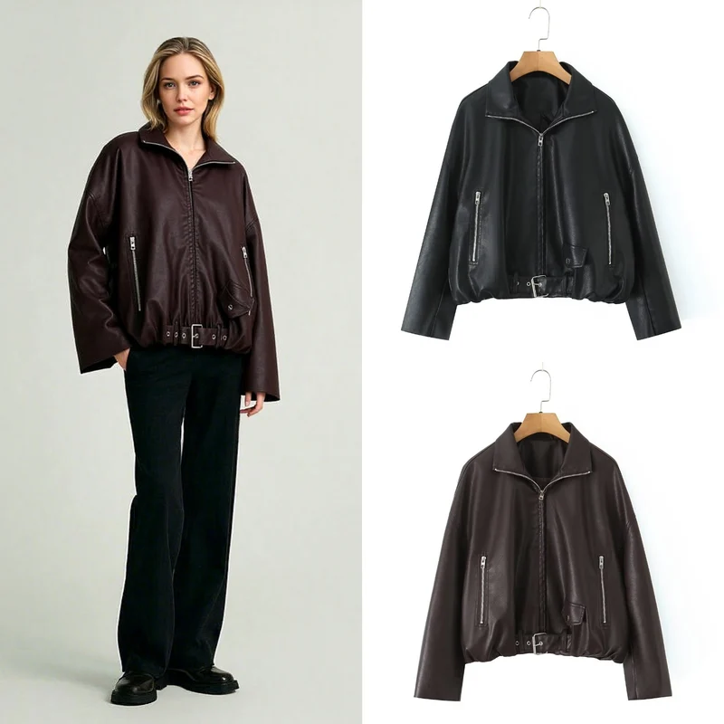 Damen Kurz geschnittene Oversize-Lederjacke im Bomberstil mit Reißverschlusstaschen und Taillengürtel Nord Taschen