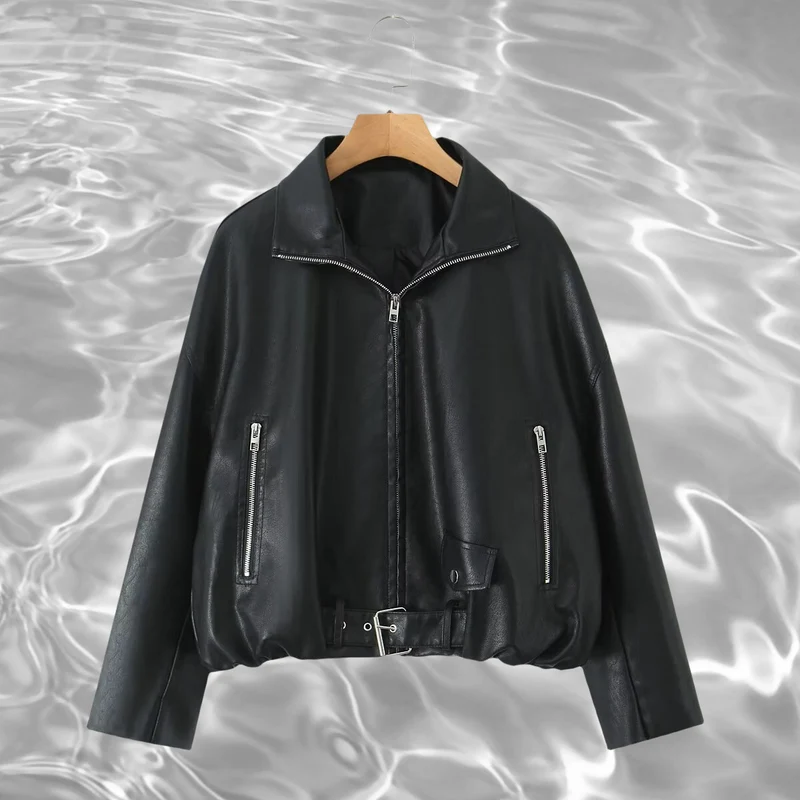 Damen Kurz geschnittene Oversize-Lederjacke im Bomberstil mit Reißverschlusstaschen und Taillengürtel Nord Taschen