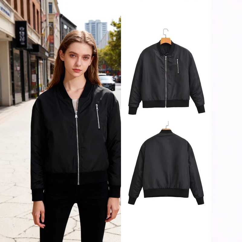 Damen Kurz geschnittene Nylon-Bomberjacke mit glänzender Oberfläche, wattiertem Futter und Metallreißverschluss Nord Taschen