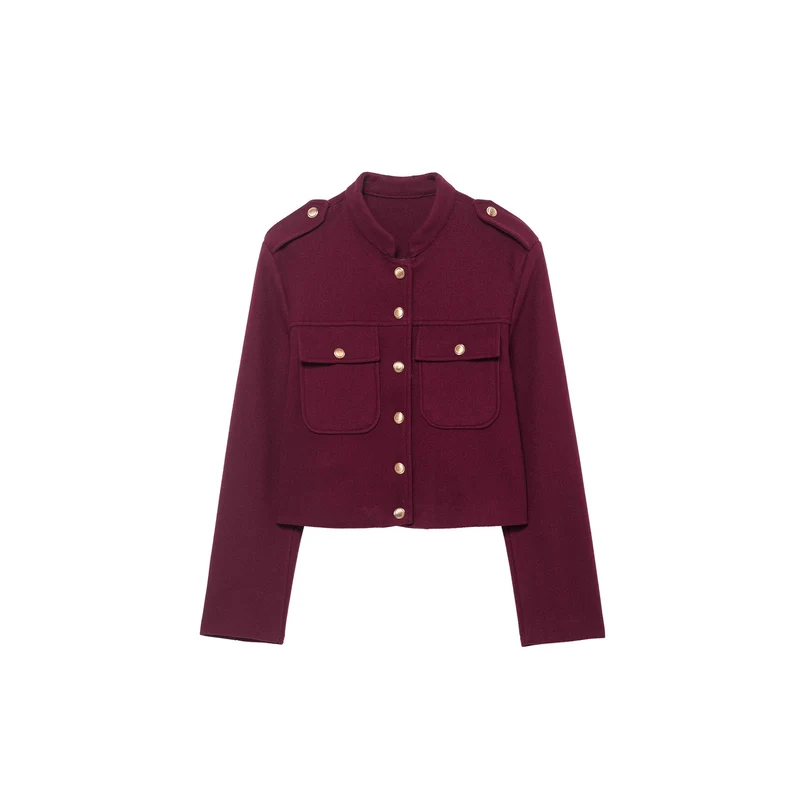 Damen Kurz geschnittene Militärinspirierte Wolljacke mit Stehkragen, Schulterklappen und goldknopf-Details Nord Taschen