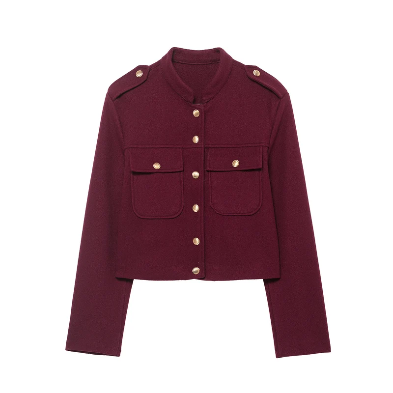 Damen Kurz geschnittene Militärinspirierte Wolljacke mit Stehkragen, Schulterklappen und goldknopf-Details Nord Taschen