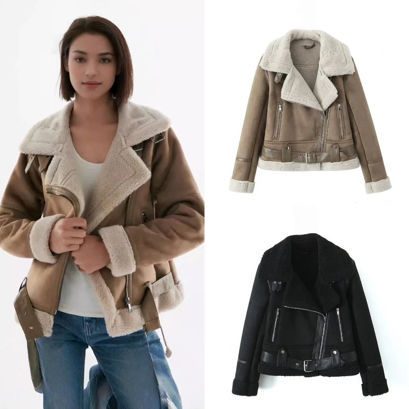 Damen Kurz geschnittene Lammfellimitat-Bikerjacke mit asymmetrischem Reißverschluss, Gürtel und Teddyfutter Nord Taschen