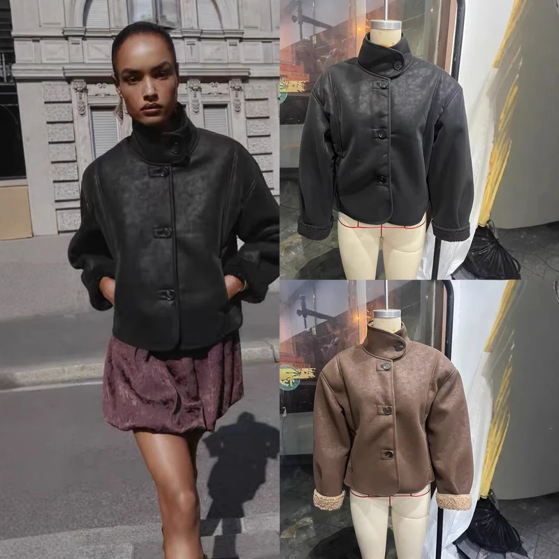 Damen Kurz geschnittene Kunstlammfelljacke mit Stehkragen, Knopfverschluss und umschlagbaren Faux-Fur-Manschetten Nord Taschen