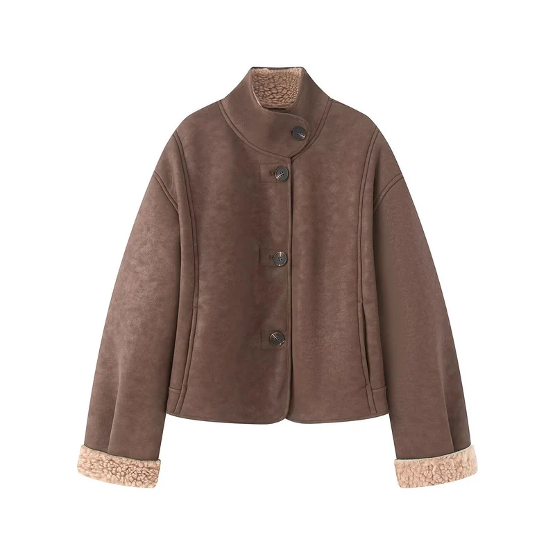 Damen Kurz geschnittene Kunstlammfelljacke mit Stehkragen, Knopfverschluss und umschlagbaren Faux-Fur-Manschetten Nord Taschen