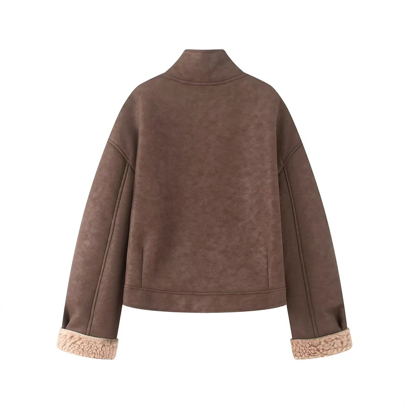 Damen Kurz geschnittene Kunstlammfelljacke mit Stehkragen, Knopfverschluss und umschlagbaren Faux-Fur-Manschetten Nord Taschen