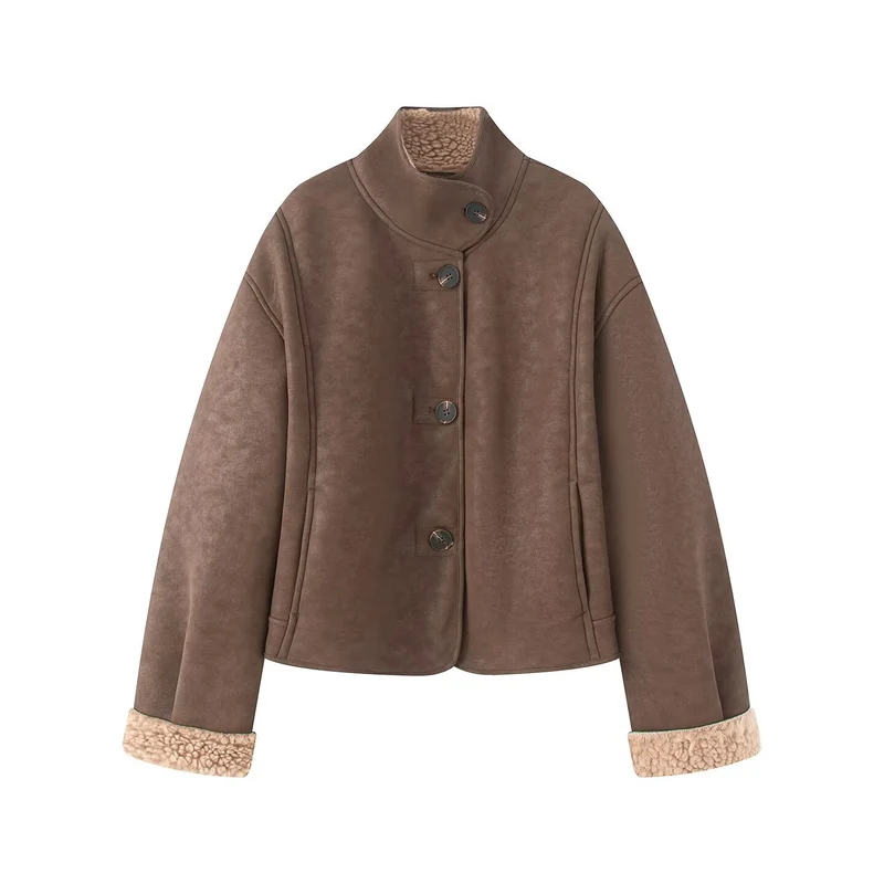 Damen Kurz geschnittene Kunstlammfelljacke mit Stehkragen, Knopfverschluss und umschlagbaren Faux-Fur-Manschetten Nord Taschen