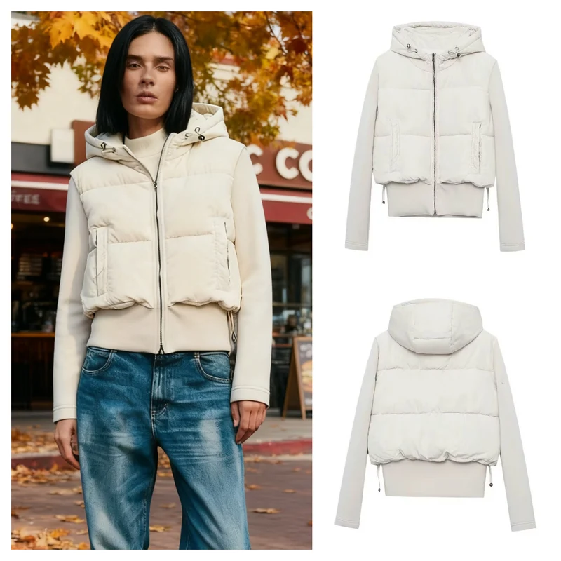 Damen Kurz geschnittene Hybrid-Steppjacke mit Kapuze, Taillenzug und elastischen Ärmeln Nord Taschen