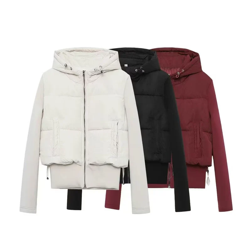 Damen Kurz geschnittene Hybrid-Steppjacke mit Kapuze, Taillenzug und elastischen Ärmeln Nord Taschen