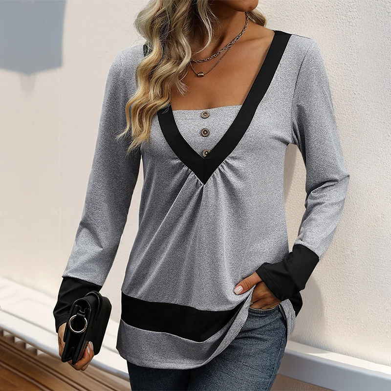 Damen Longsleeve mit tiefem V-Ausschnitt, Zierknopfleiste und Kontrastbordüren Nord Taschen