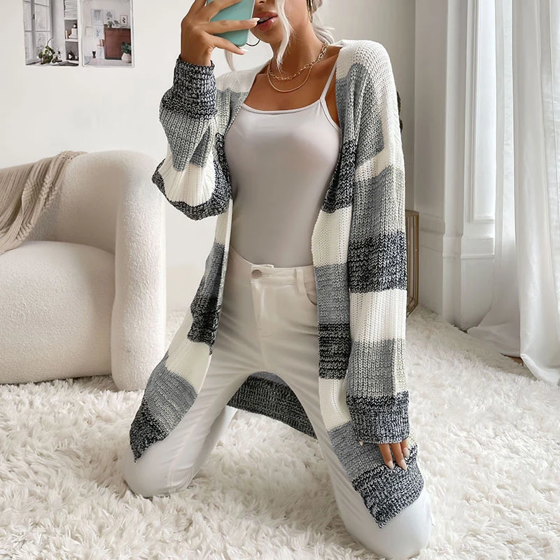 Damen Longline Strickcardigan mit breiten Blockstreifen, offener Front und überschnittener Schulter Nord Taschen