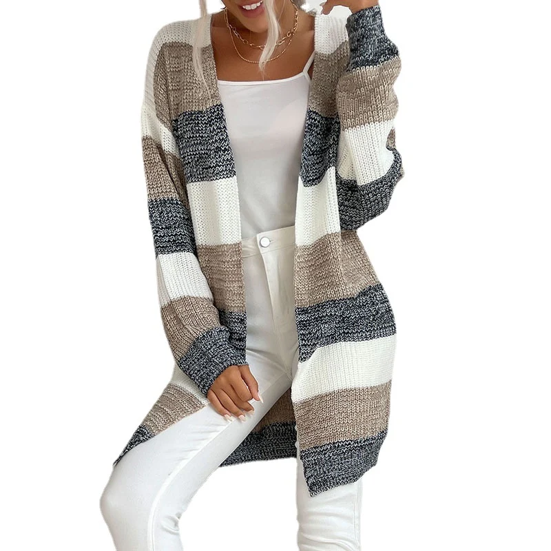 Damen Longline Strickcardigan mit breiten Blockstreifen, offener Front und überschnittener Schulter Nord Taschen