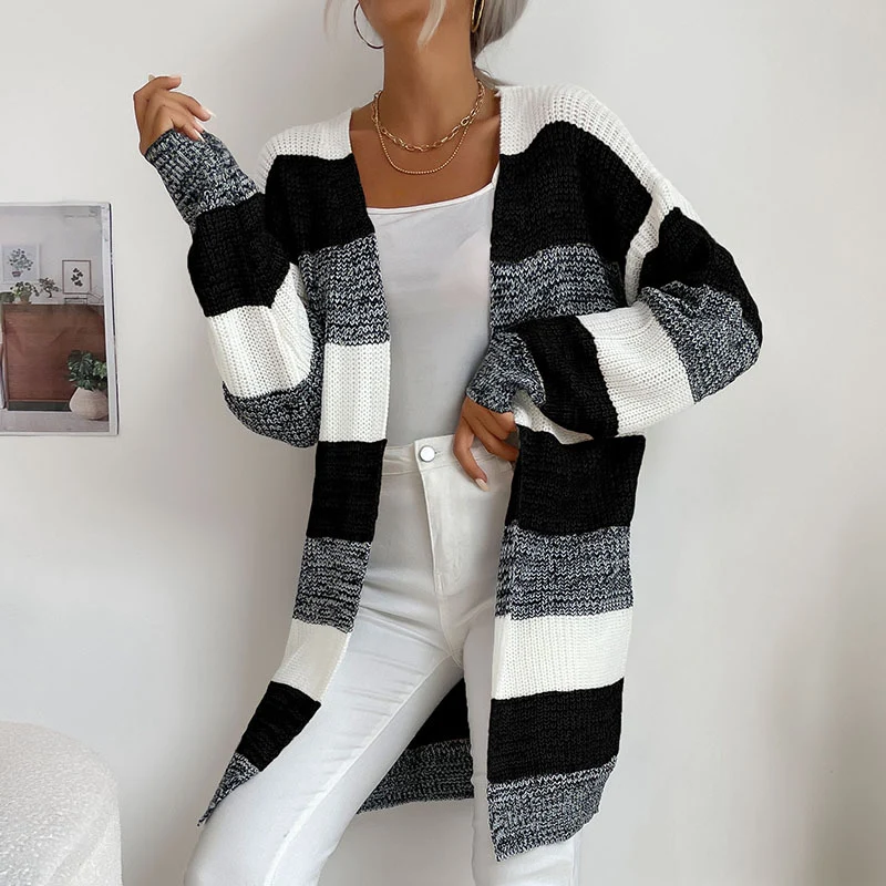 Damen Longline Strickcardigan mit breiten Blockstreifen, offener Front und überschnittener Schulter Nord Taschen