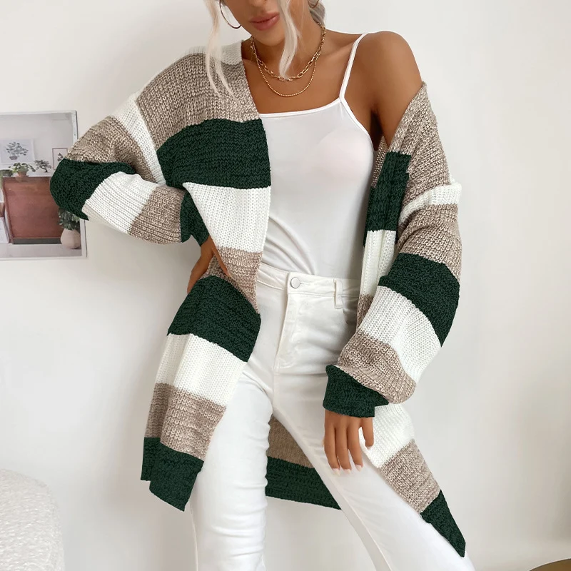 Damen Longline Strickcardigan mit breiten Blockstreifen, offener Front und überschnittener Schulter Nord Taschen
