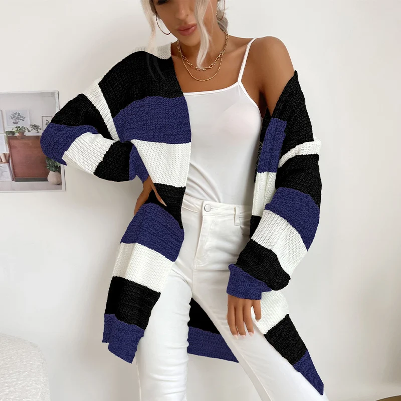 Damen Longline Strickcardigan mit breiten Blockstreifen, offener Front und überschnittener Schulter Nord Taschen