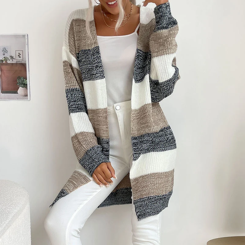 Damen Longline Strickcardigan mit breiten Blockstreifen, offener Front und überschnittener Schulter Nord Taschen