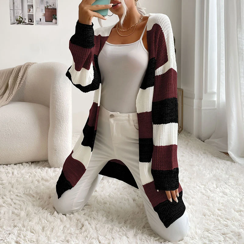 Damen Longline Strickcardigan mit breiten Blockstreifen, offener Front und überschnittener Schulter Nord Taschen