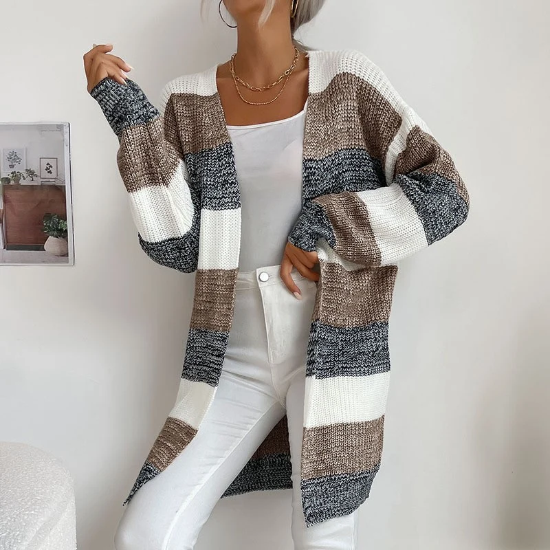 Damen Longline Strickcardigan mit breiten Blockstreifen, offener Front und überschnittener Schulter Nord Taschen
