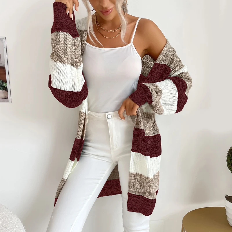Damen Longline Strickcardigan mit breiten Blockstreifen, offener Front und überschnittener Schulter Nord Taschen