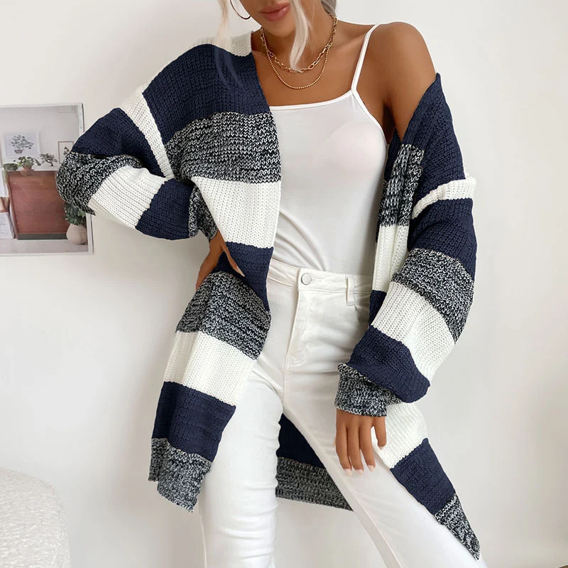 Damen Longline Strickcardigan mit breiten Blockstreifen, offener Front und überschnittener Schulter Nord Taschen