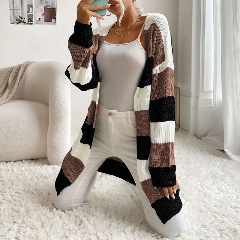 Damen Longline Strickcardigan mit breiten Blockstreifen, offener Front und überschnittener Schulter Nord Taschen