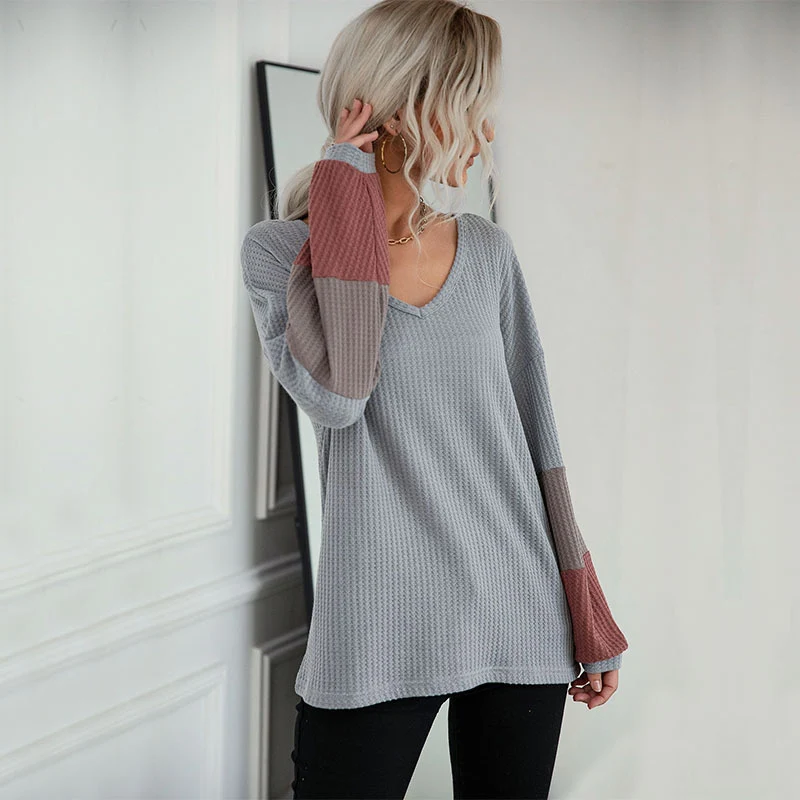 Damen Lockeres Waffelstrick-Shirt mit V‑Ausschnitt und Colorblock‑Ärmeln Nord Taschen