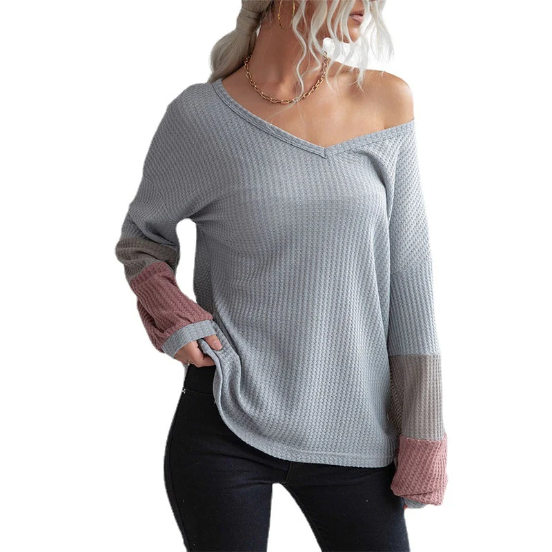 Damen Lockeres Waffelstrick-Shirt mit V‑Ausschnitt und Colorblock‑Ärmeln Nord Taschen