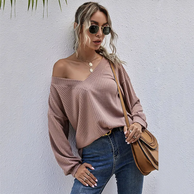 Damen Lockeres Waffelstrick-Longsleeve mit V-Ausschnitt und gerippten Bündchen Nord Taschen
